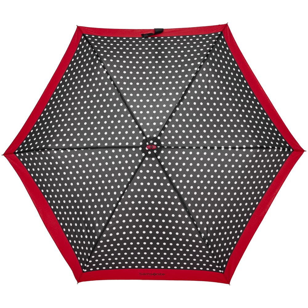 Зонт складной R Pattern, черный в белый горох с красным кантом